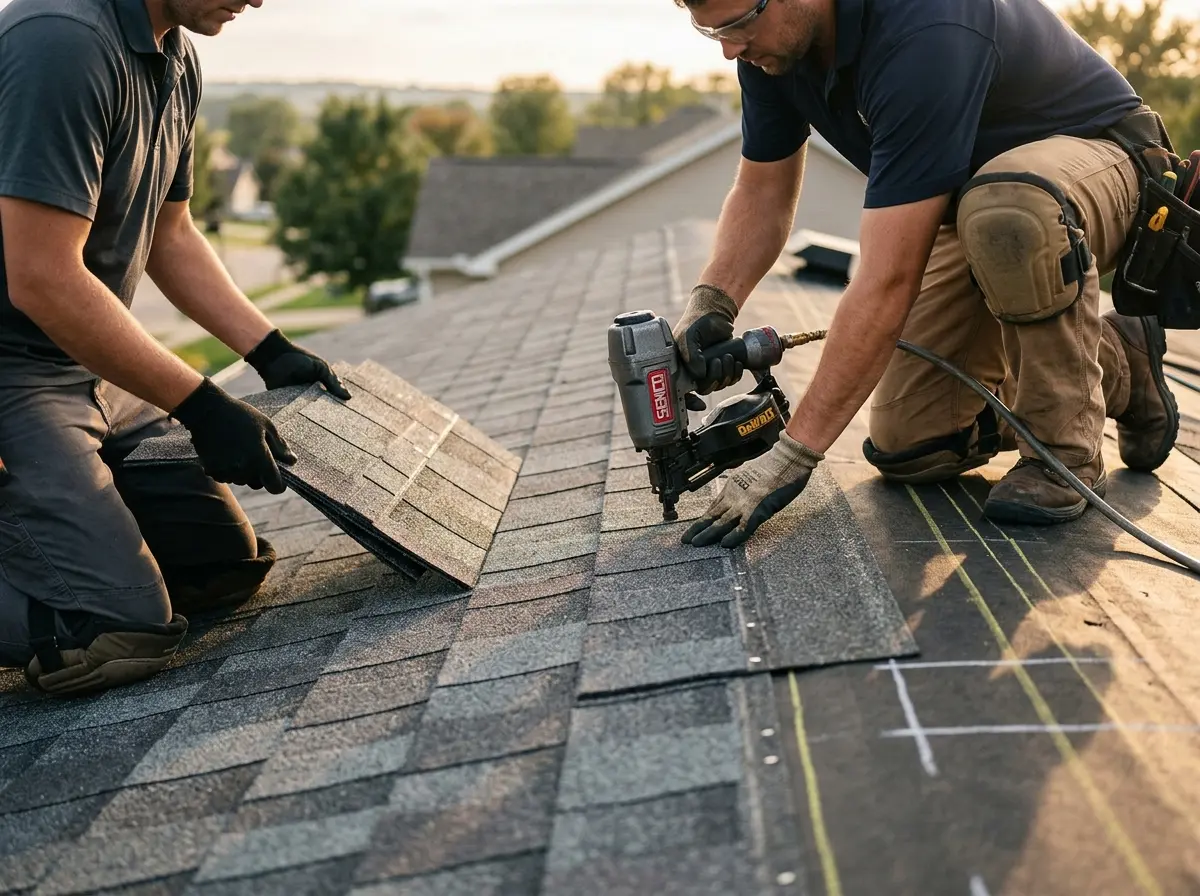 Professional roofer working on a residential roof in Cinco Ranch